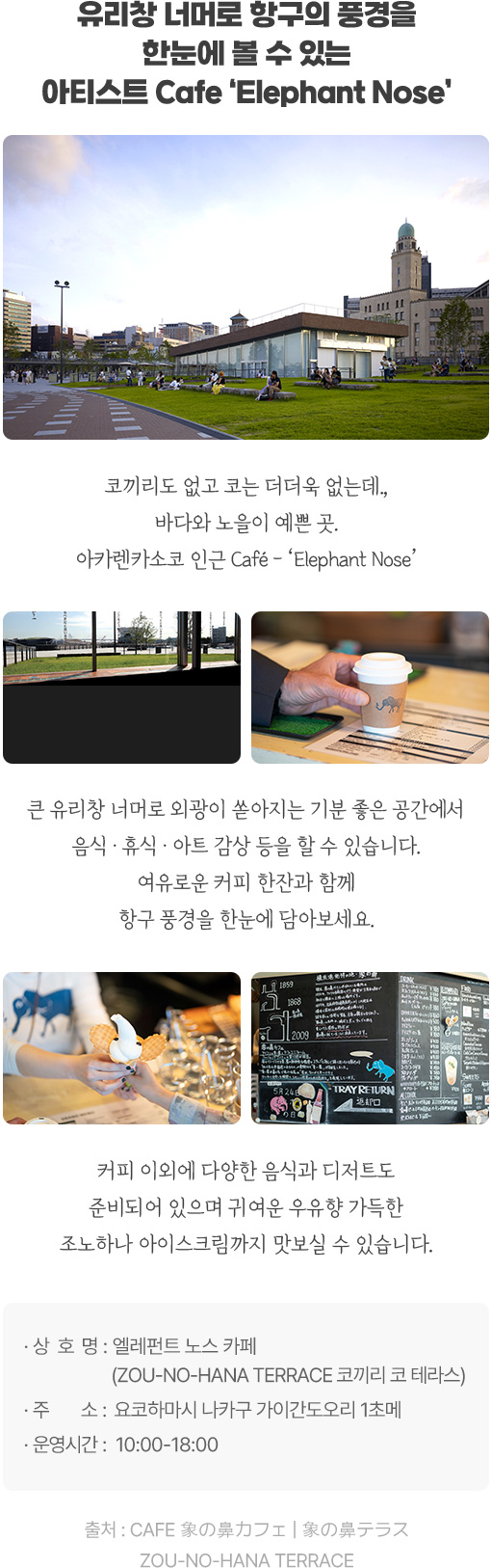 유리창 너머로 항구의 풍경을 한눈에 볼 수 있는 아티스트 Cafe ‘Elephant Nose’